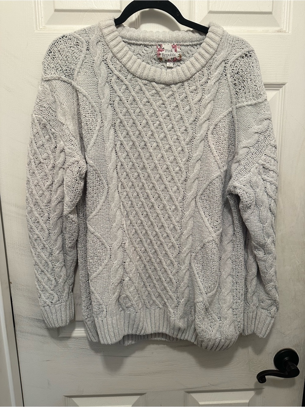 Women's Light Ice Blue Chenille Fisherman Cable Knit Sweater